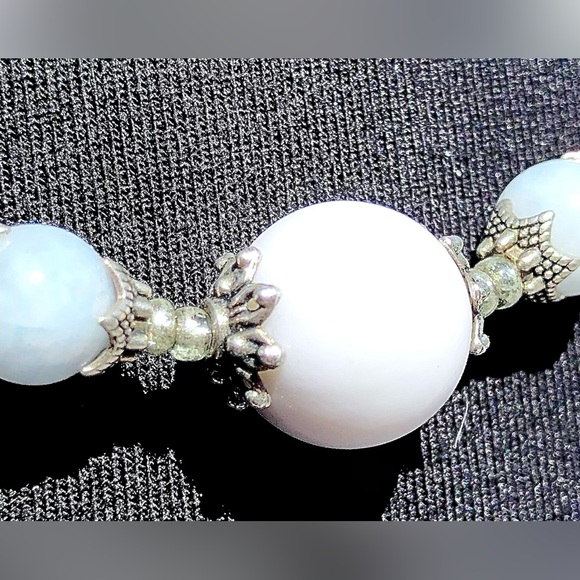 HAND CRAFTED Upcycled Blue White Silver Necklace earring set Feminine Delicate - Picture 6 of 14